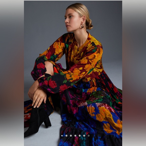 NWT $228. Anthro multicolored button front long sleeve maxi dress size medium. - Picture 3 of 13